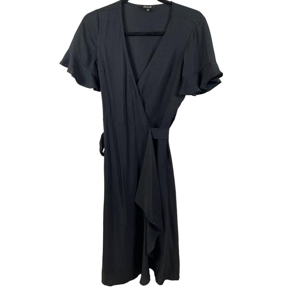 Madewell #AB342 Ruffle Sleeve Wrap Around Midi Dress Black Women’s Size XXS - Picture 2 of 6